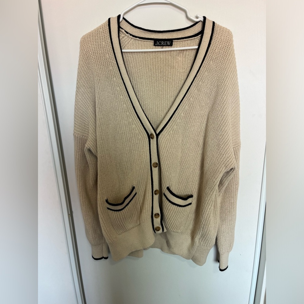 J.Crew Women’s Cardigan Sweater Small Black Trim Button Front Preppy Academia‎